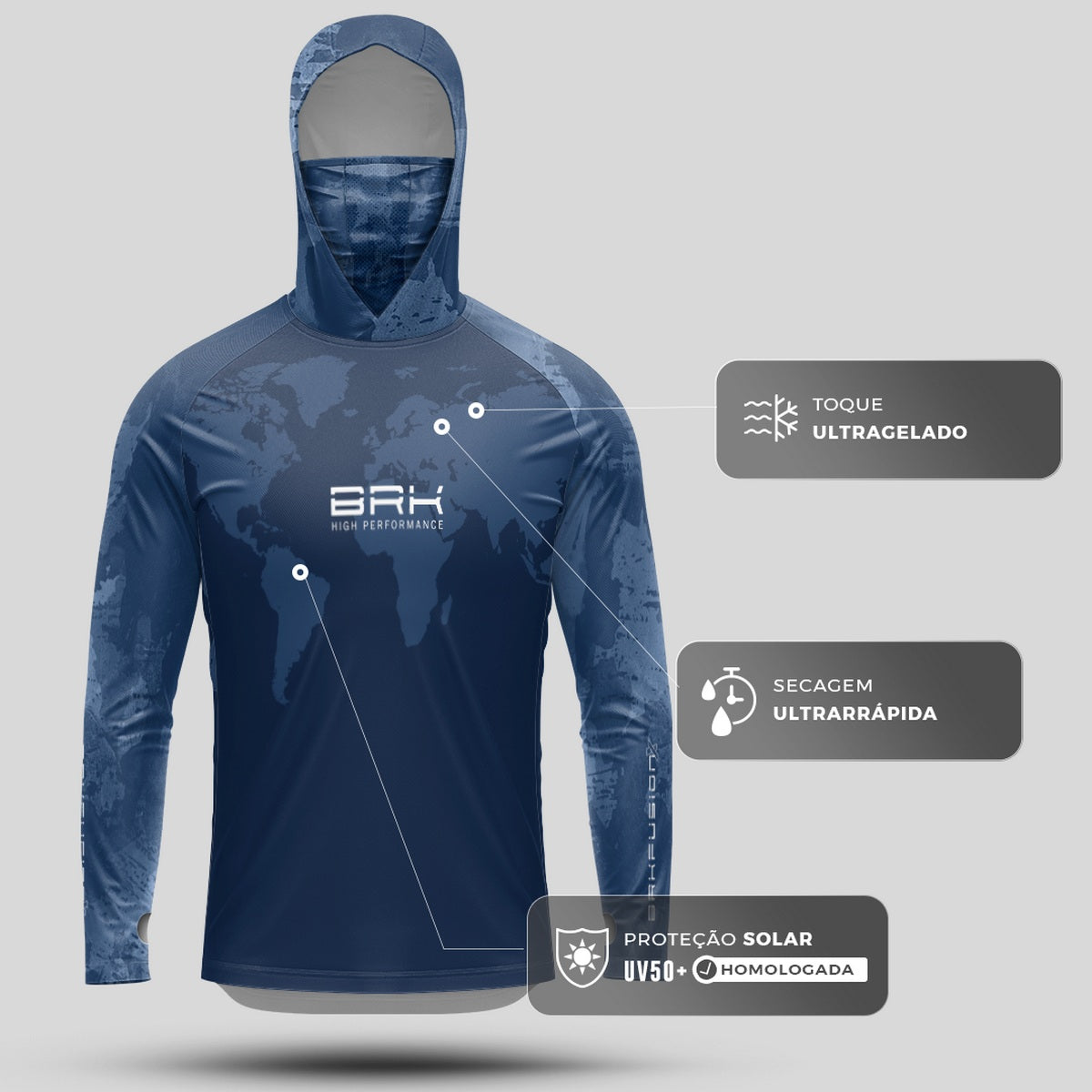 Camisa FusionX Brk Discovery Azul com Capuz e Proteção UV50+