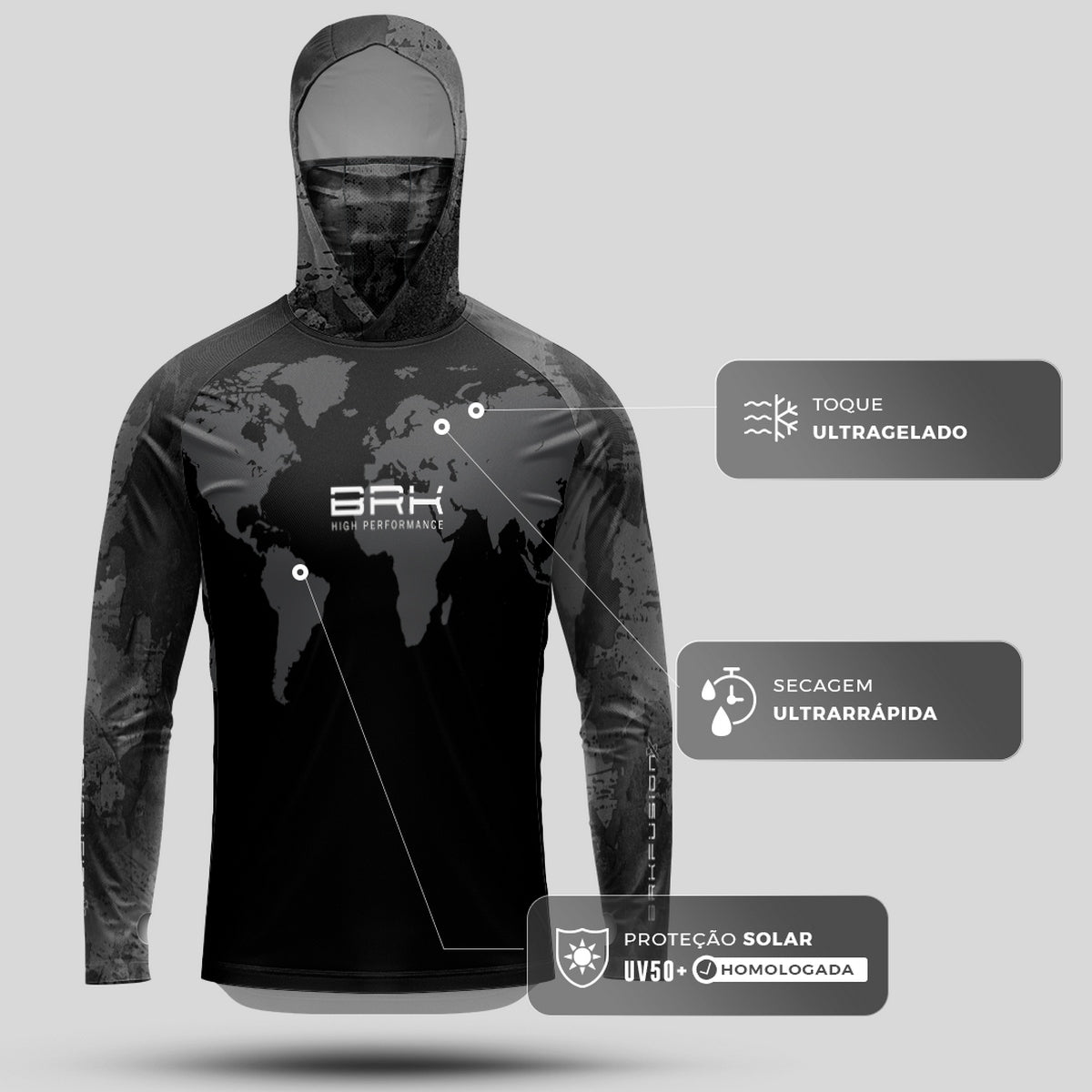 Camisa FusionX Brk Discovery Cinza e Preta com Capuz e Proteção UV50+