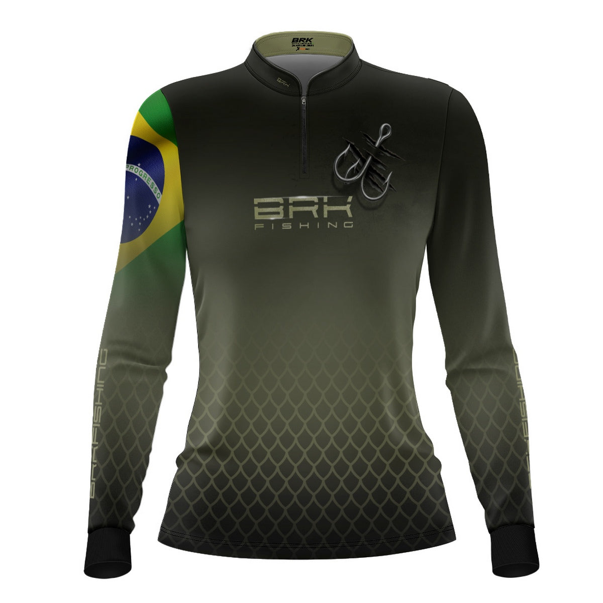 Camisa de Pesca Feminina Brk Verde Escamas Bandeira do Brasil Garateia com Proteção UV50+