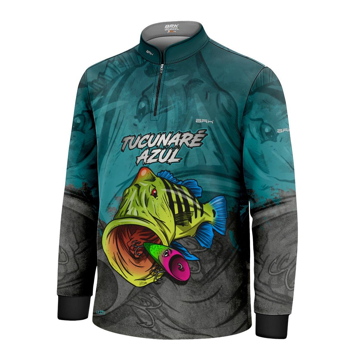 Camisa de Pesca Infantil Brk Tucunaré Azul Cinza com Proteção UV 50+
