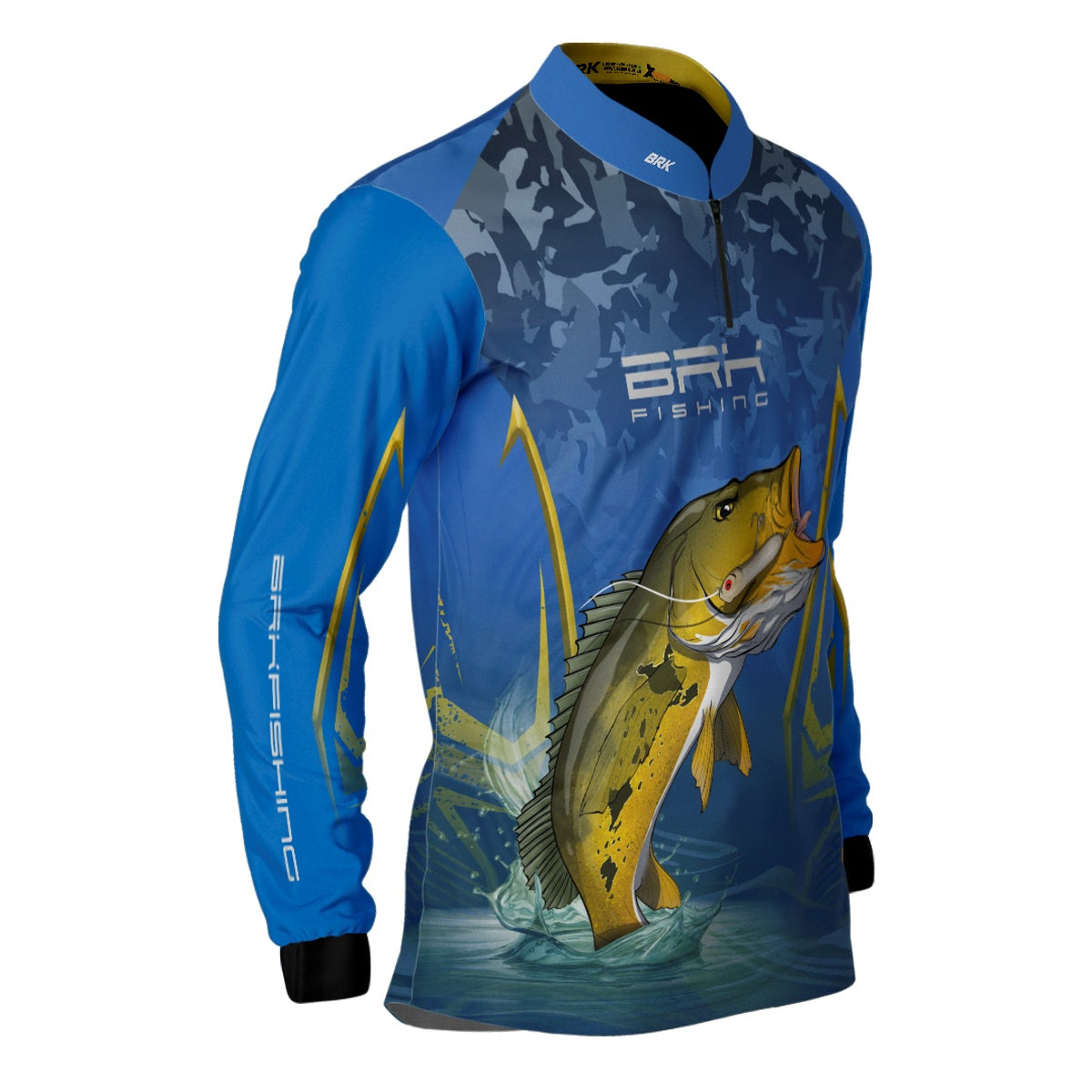 Camisa de Pesca Azul Escuro Brk Tucunaré Amarelo com UV50+
