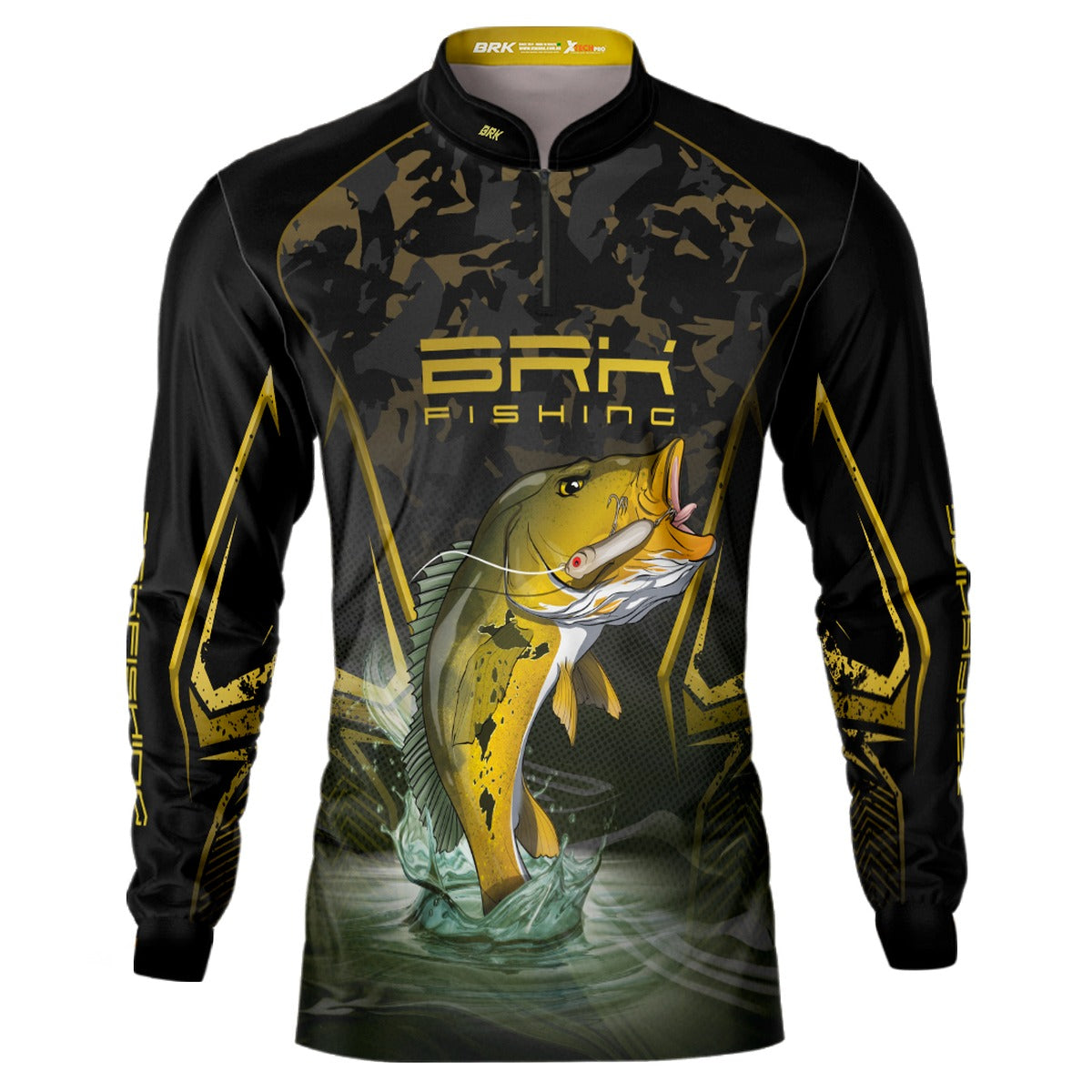 Camisa de Pesca Brk Preta Camo Tucunaré Amarelo com Proteção UV50+