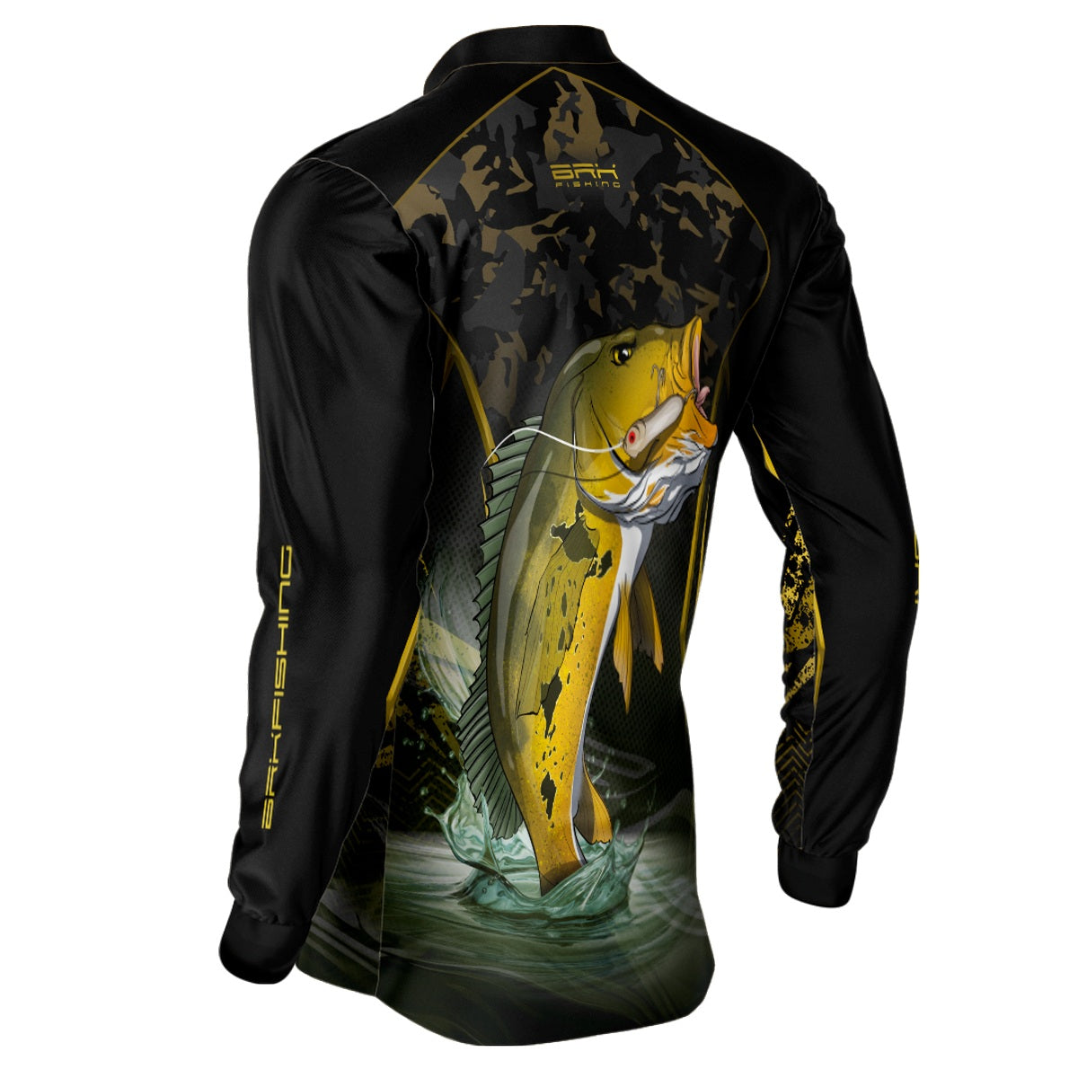 Camisa de Pesca Brk Preta Camo Tucunaré Amarelo com Proteção UV50+