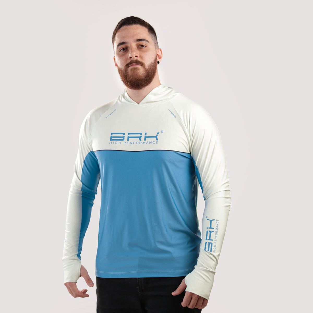 Camisa de Pesca Brk com Capuz Hybrid Bege com Azul com Proteção Solar UV50+