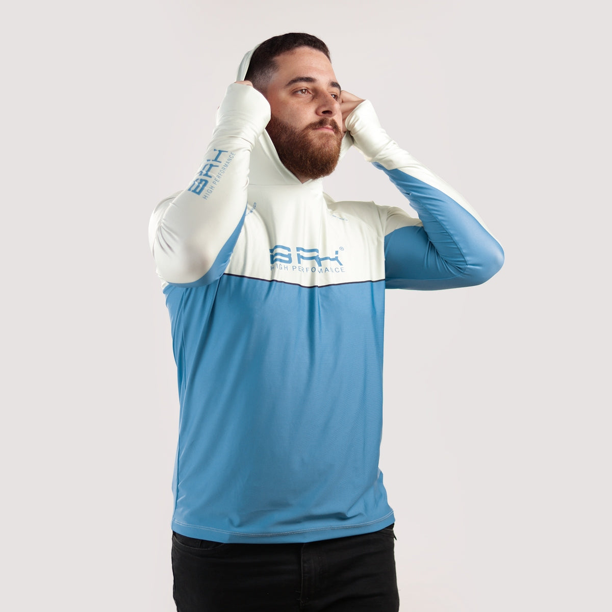 Camisa de Pesca Brk com Capuz Hybrid Bege com Azul com Proteção Solar UV50+