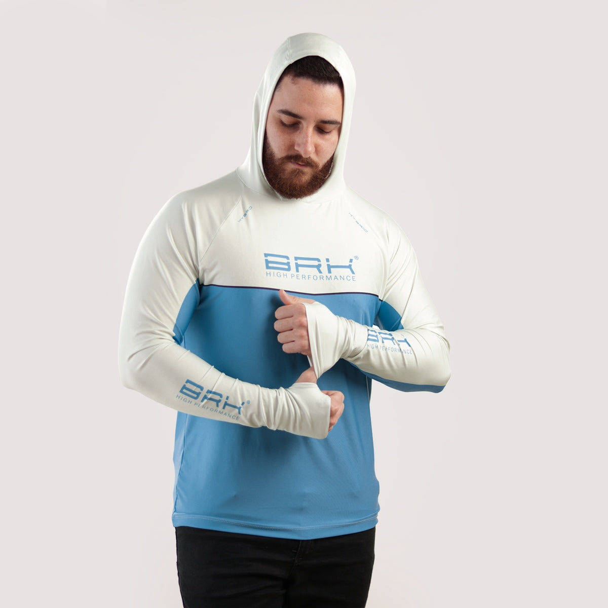 Camisa de Pesca Brk com Capuz Hybrid Bege com Azul com Proteção Solar UV50+