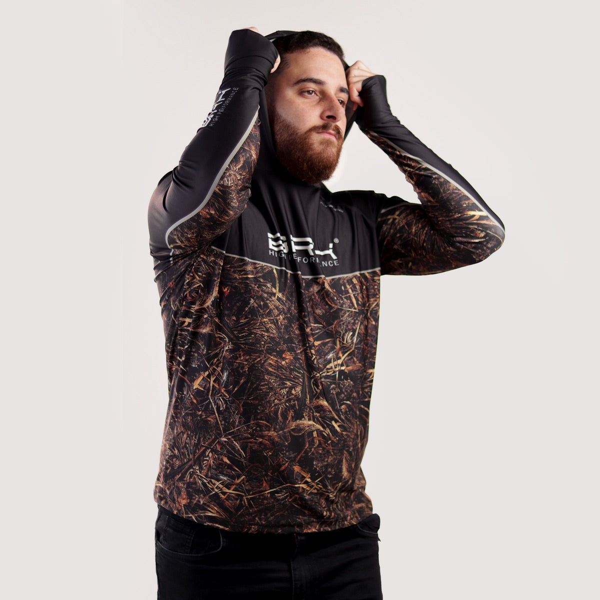 Camisa de Pesca Brk com Capuz Hybrid Black Real Tree com Proteção Solar UV50+