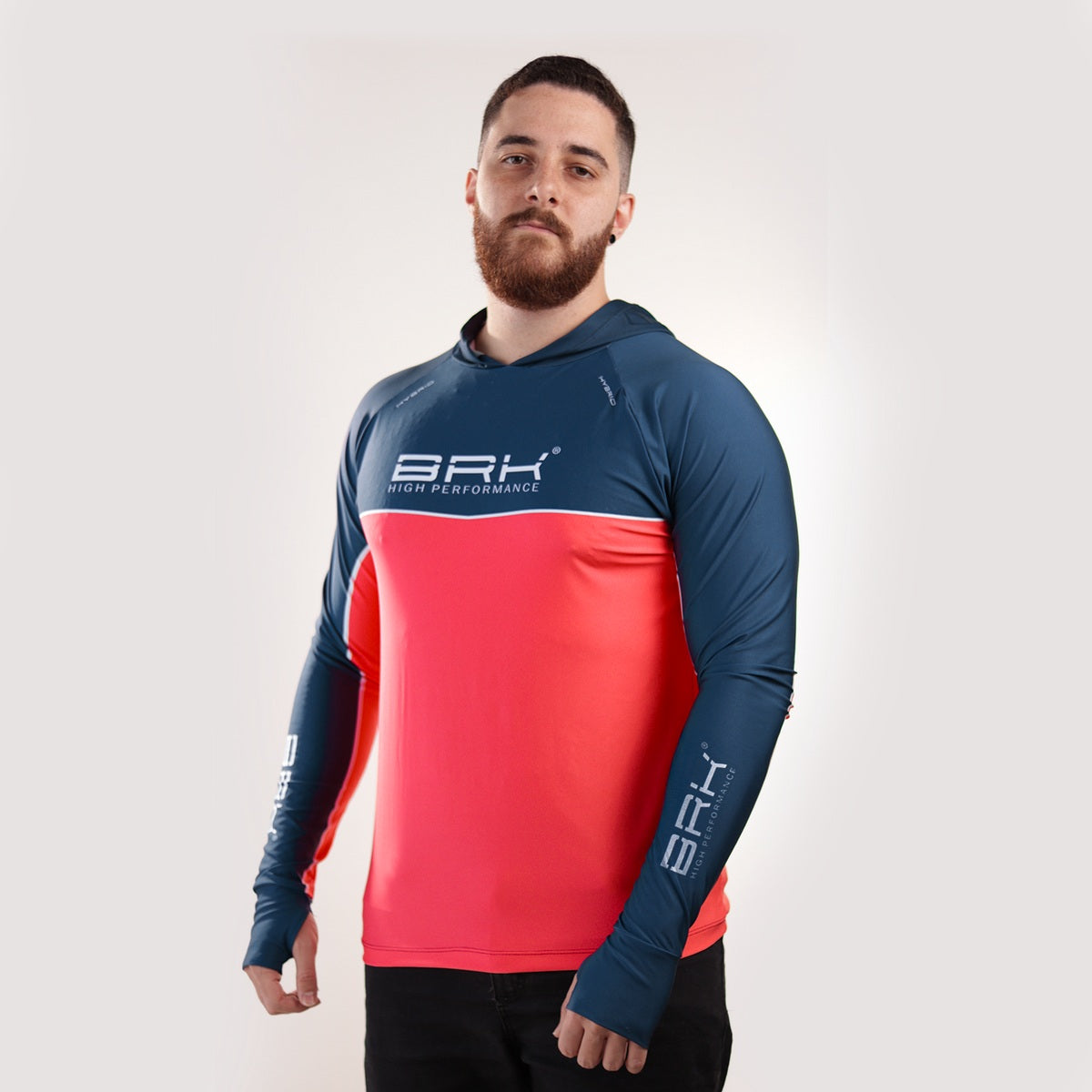 Camisa de Pesca Brk com Capuz Hybrid Red Blue Fishin com Proteção Solar UV50+
