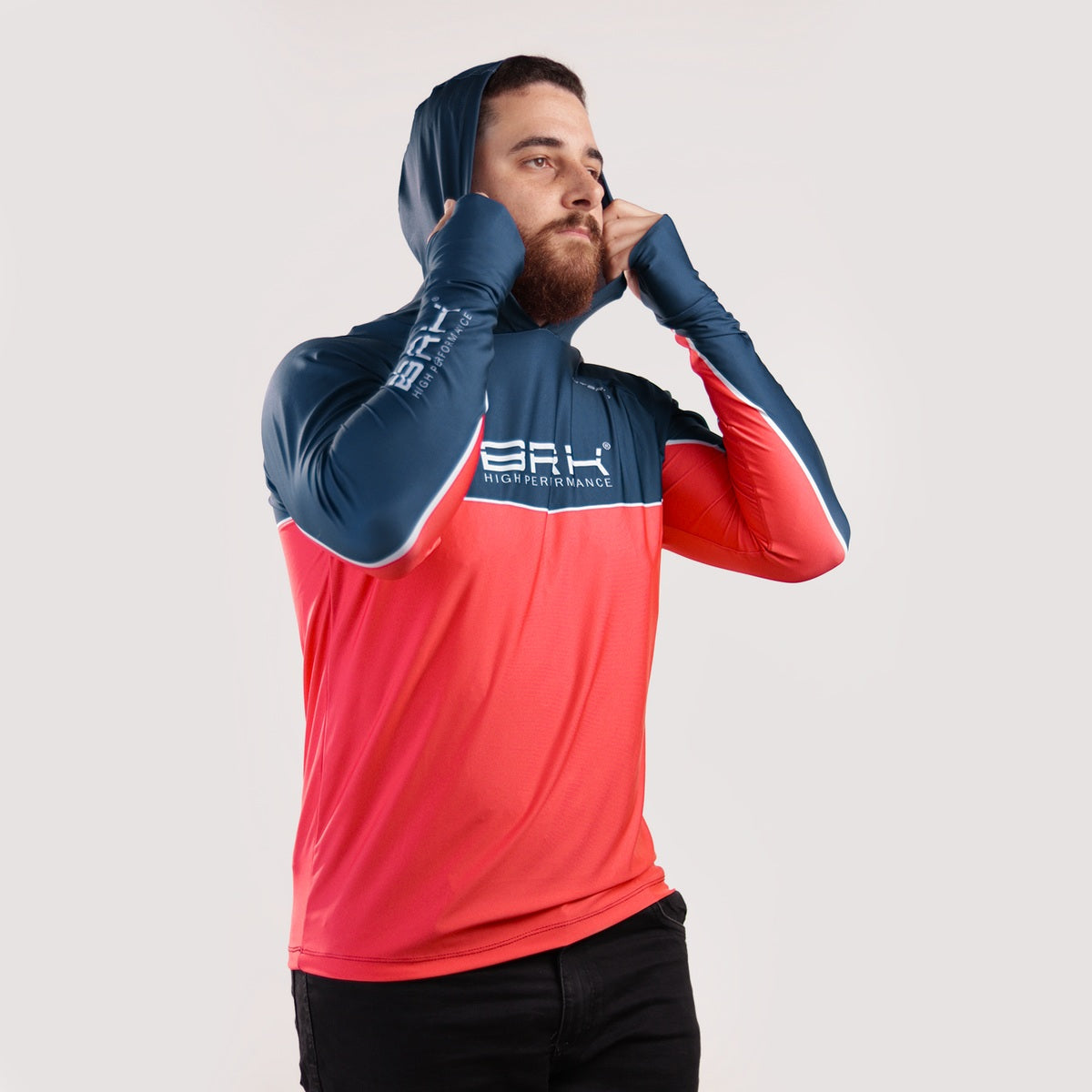 Camisa de Pesca Brk com Capuz Hybrid Red Blue Fishin com Proteção Solar UV50+