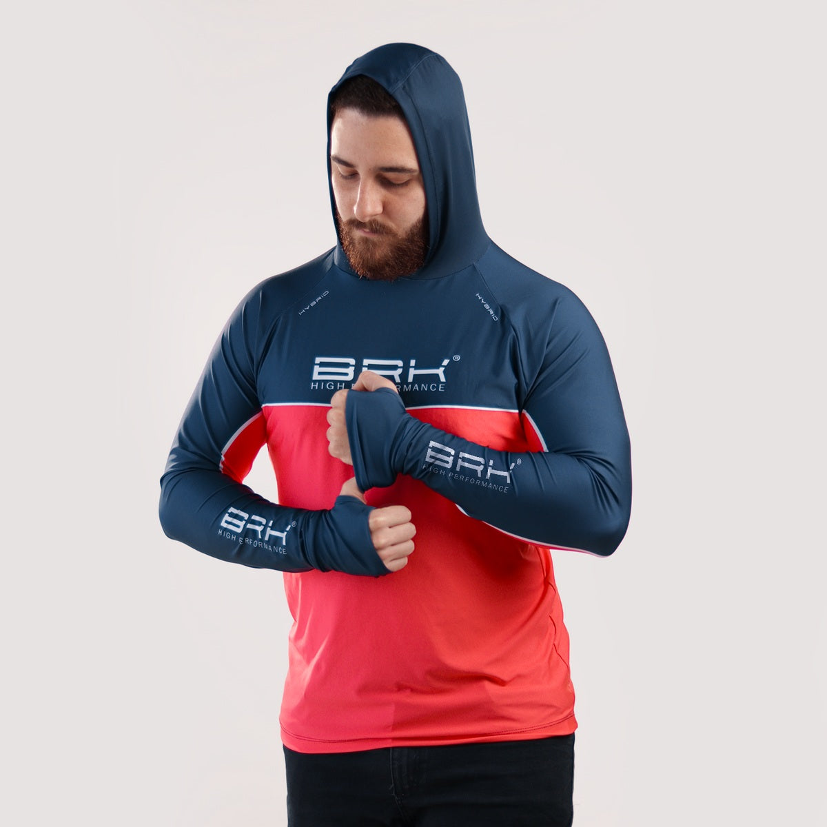 Camisa de Pesca Brk com Capuz Hybrid Red Blue Fishin com Proteção Solar UV50+