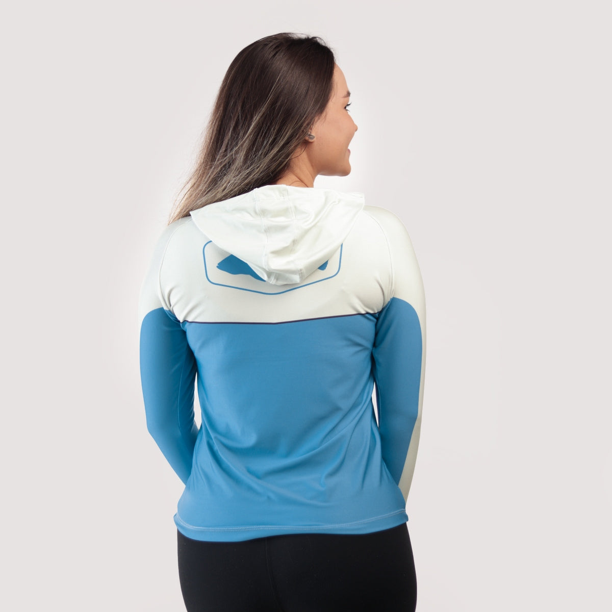 Camisa de Pesca Feminina Brk com Capuz Hybrid Bege com Azul com Proteção Solar UV50+
