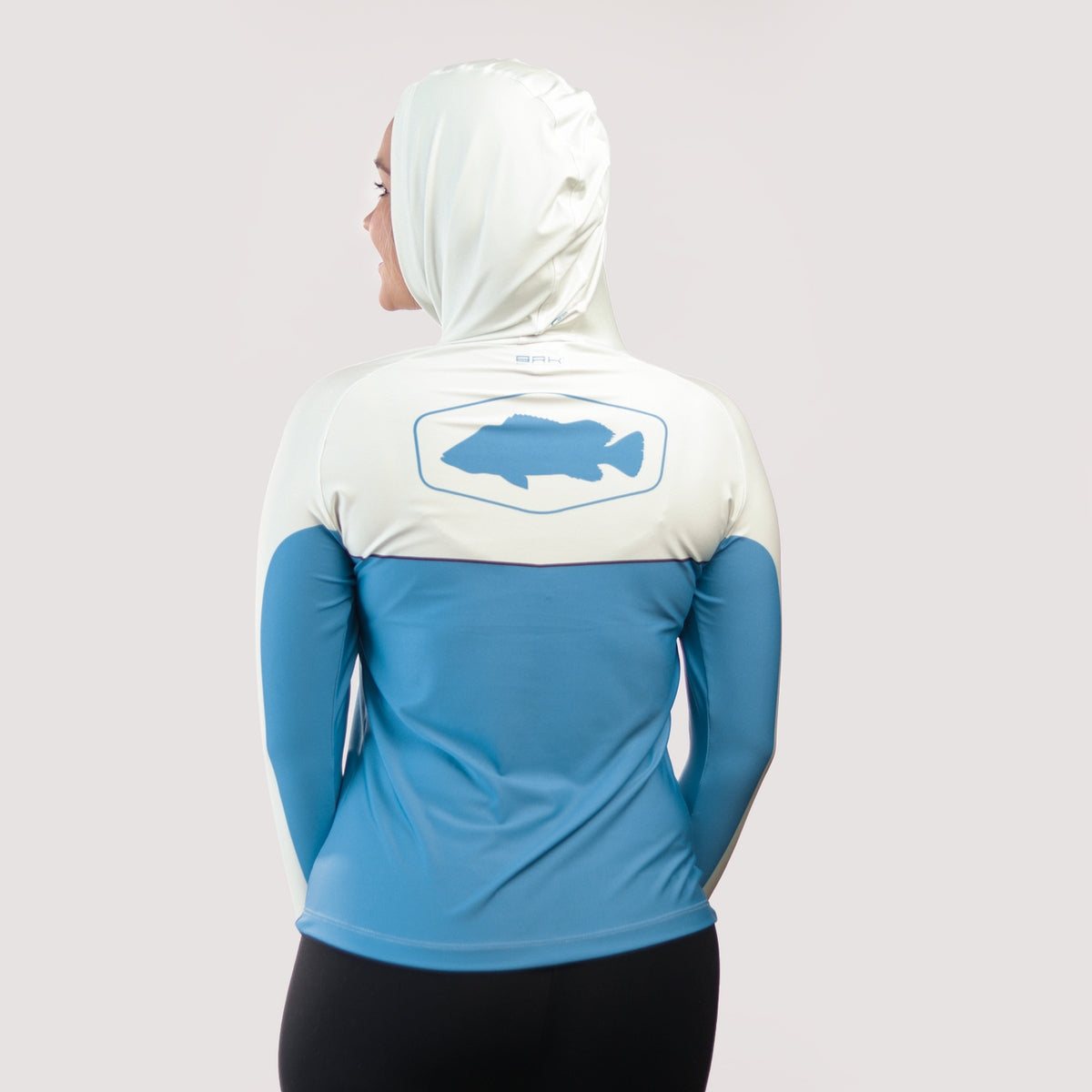 Camisa de Pesca Feminina Brk com Capuz Hybrid Bege com Azul com Proteção Solar UV50+