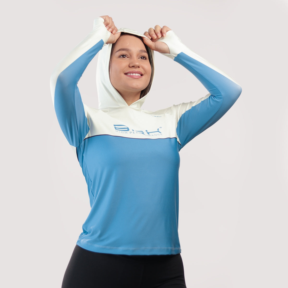 Camisa de Pesca Feminina Brk com Capuz Hybrid Bege com Azul com Proteção Solar UV50+