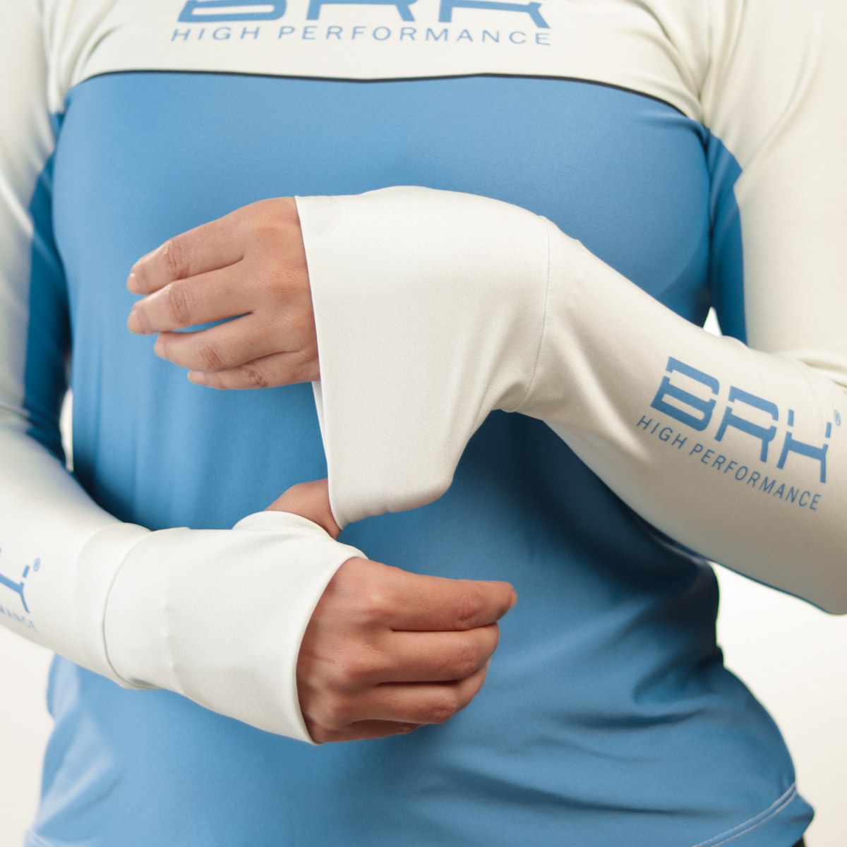 Camisa de Pesca Feminina Brk com Capuz Hybrid Bege com Azul com Proteção Solar UV50+