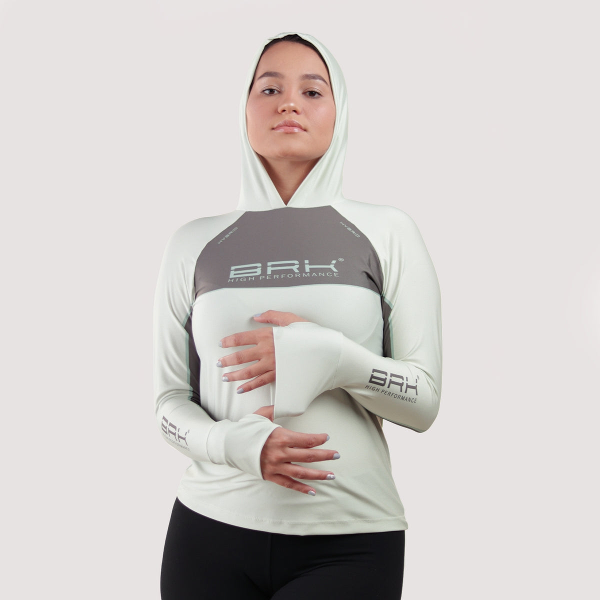 Camisa de Pesca Feminina Brk com Capuz Hybrid Cinza Bege com Proteção Solar UV50+