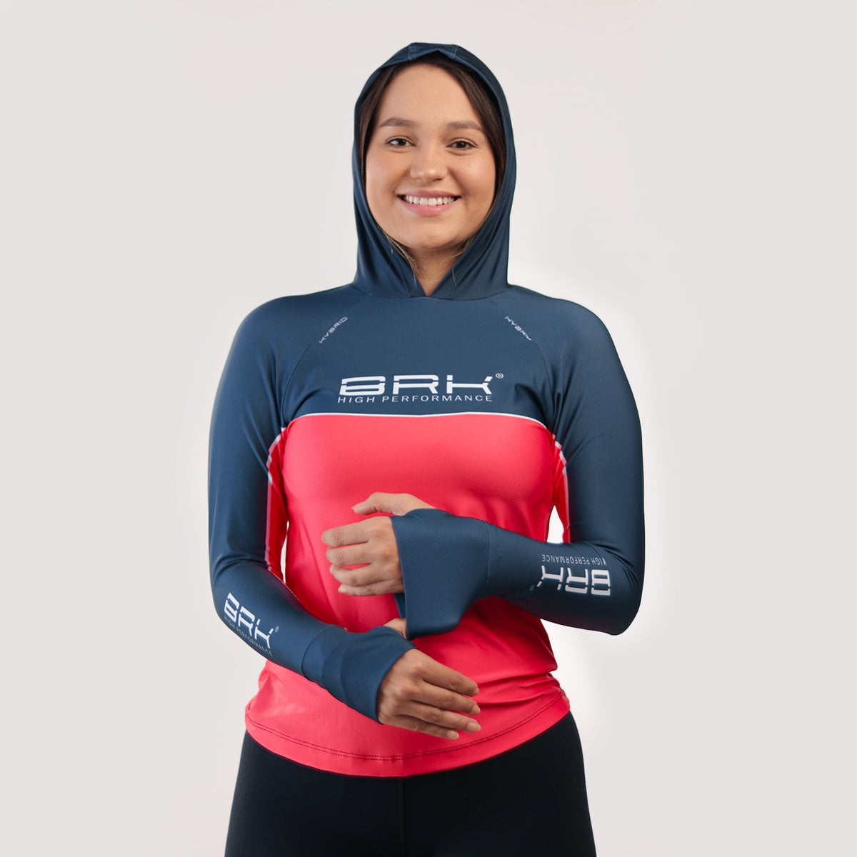 Camisa de Pesca Feminina Brk com Capuz Hybrid Red Blue Fishin com Proteção Solar UV50+