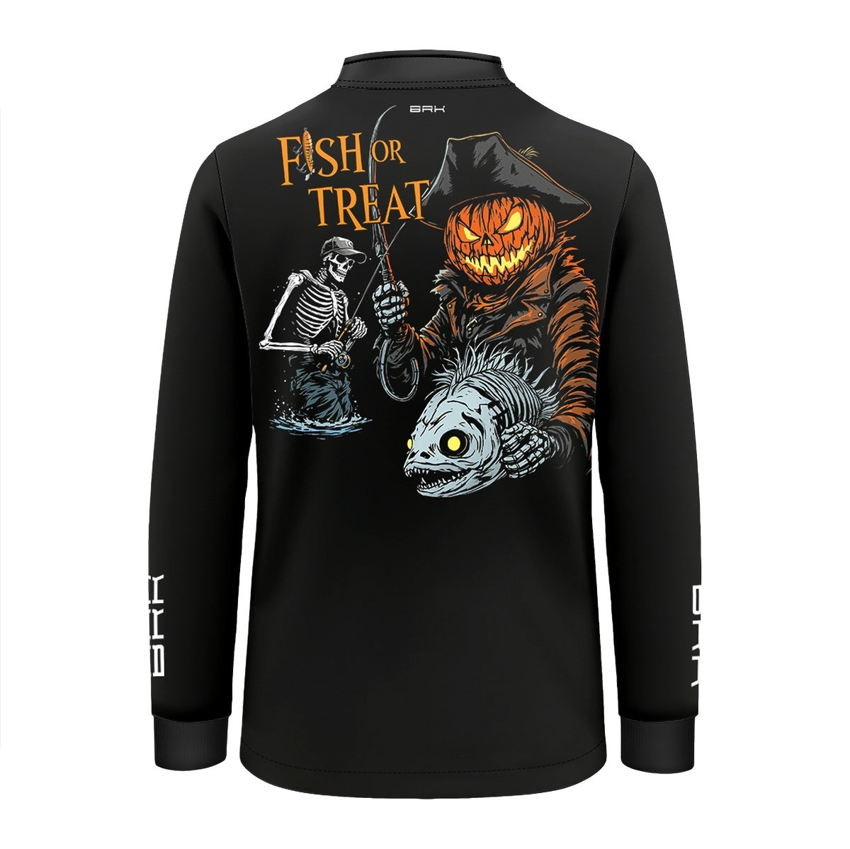 Camisa de Pesca Infantil Brk Azul Halloween Esqueleto Pescador com Proteção UV50