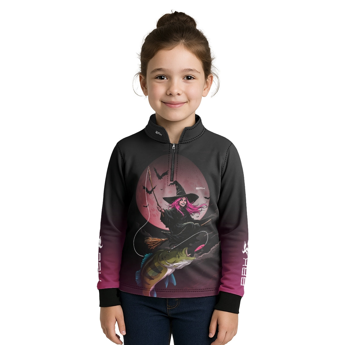 Camisa de Pesca Infantil Brk Preto e Rosa Bruxa com Proteção UV50