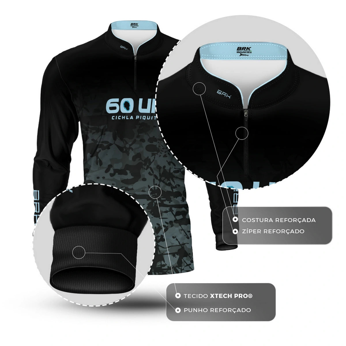 Camisa de Pesca Brk 60UP Camuflada Azul e Preta com Proteção UV50