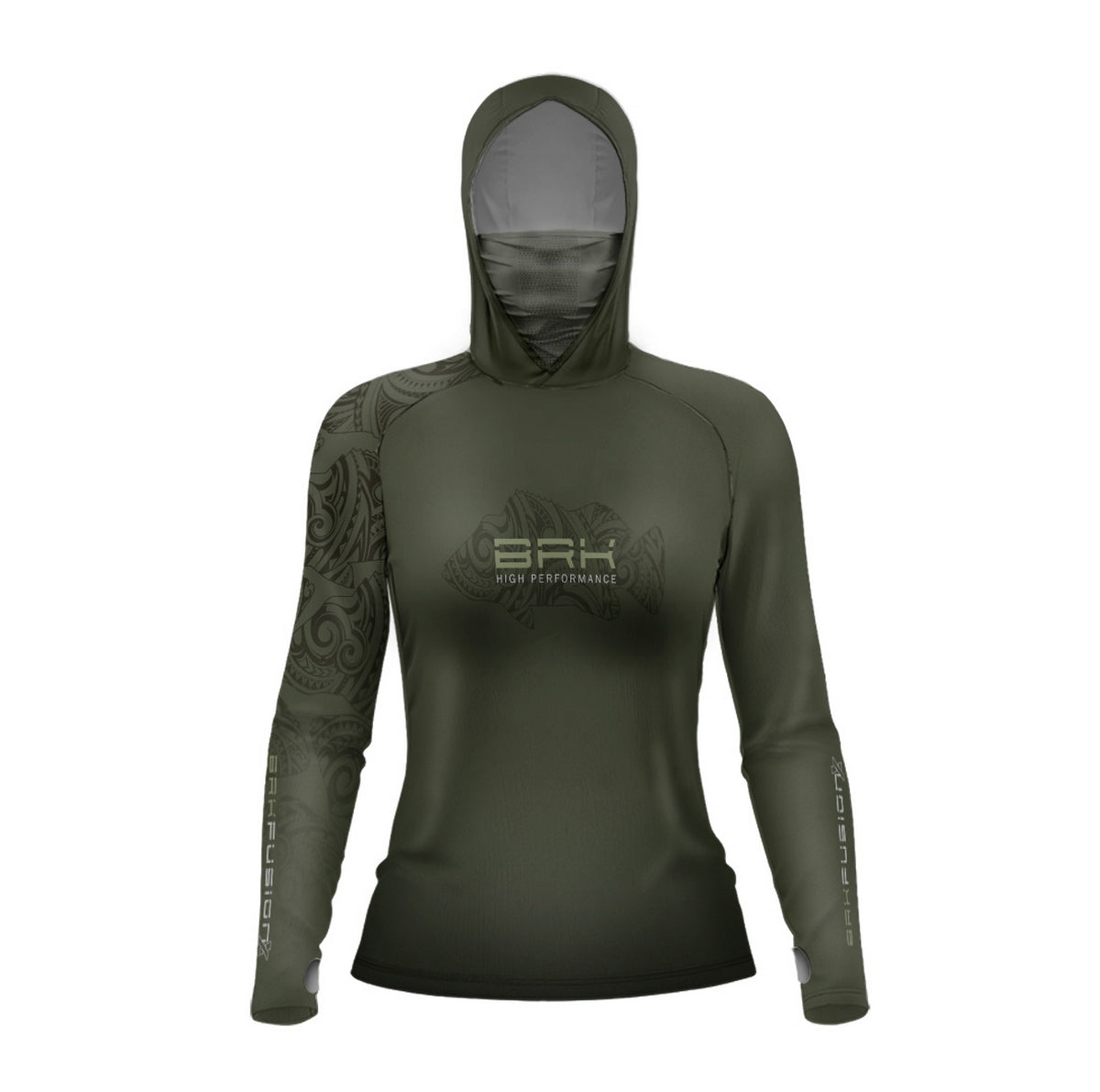 Camisa FusionX Feminina Maori Verde Musgo Tucunaré Tribal BRK com Proteção Solar UV50+