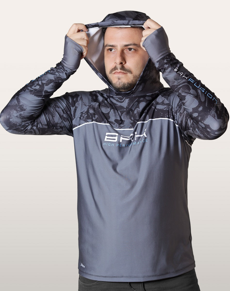 Camisa FusionX Brk Deep Camuflada Parcial Cinza com Capuz e Proteção UV50+