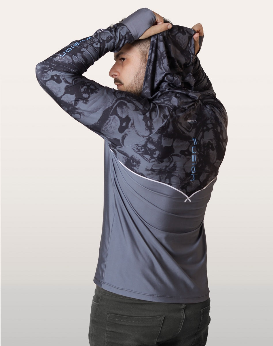 Camisa FusionX Brk Deep Camuflada Parcial Cinza com Capuz e Proteção UV50+