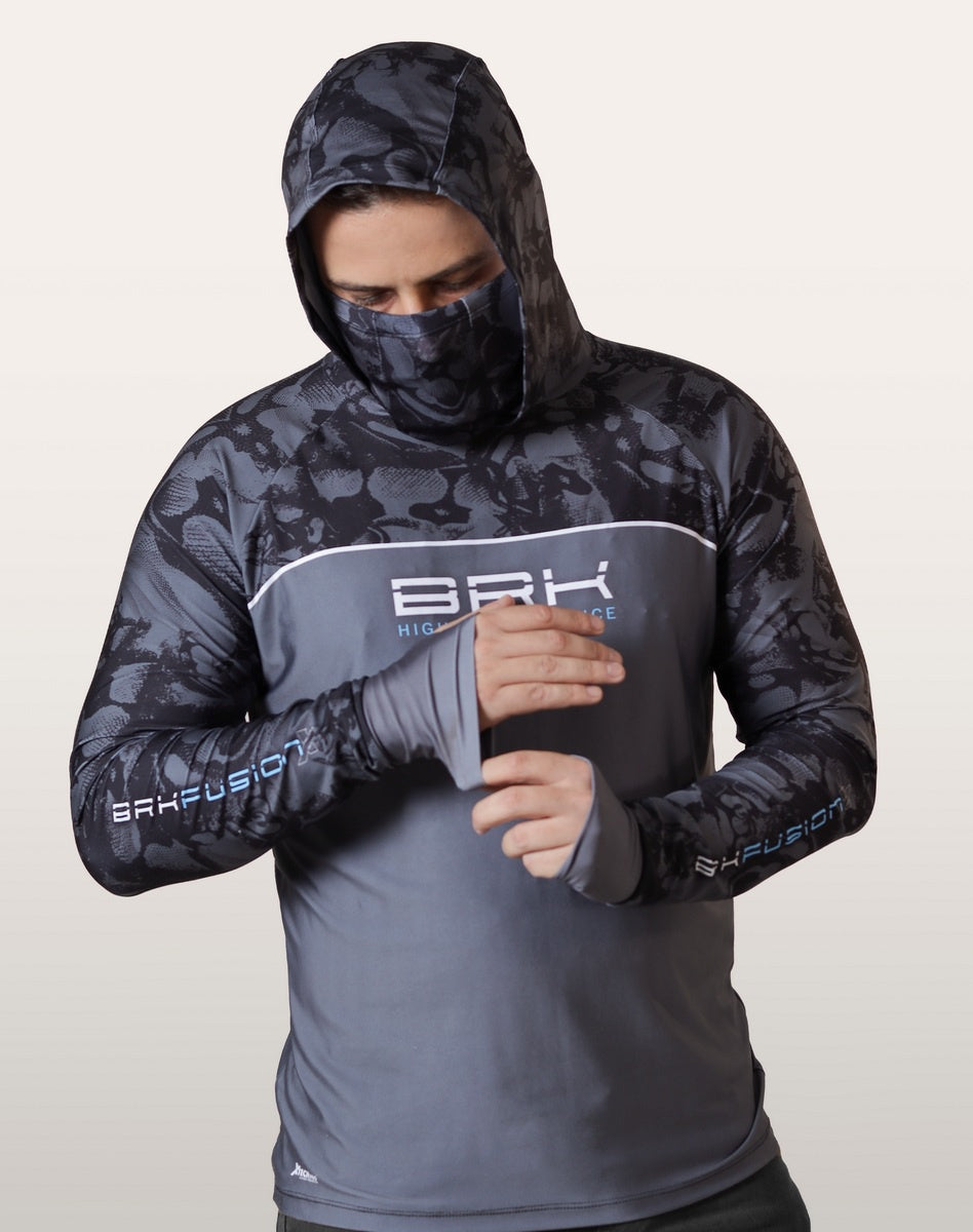 Camisa FusionX Brk Deep Camuflada Parcial Cinza com Capuz e Proteção UV50+
