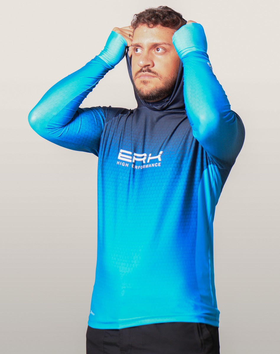Camisa FusionX Brk Clean Azul Escuro com Capuz e Proteção UV50+